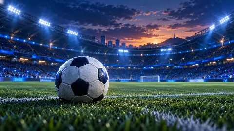조명이 켜진 축구 경기장과 잔디 위 축구공